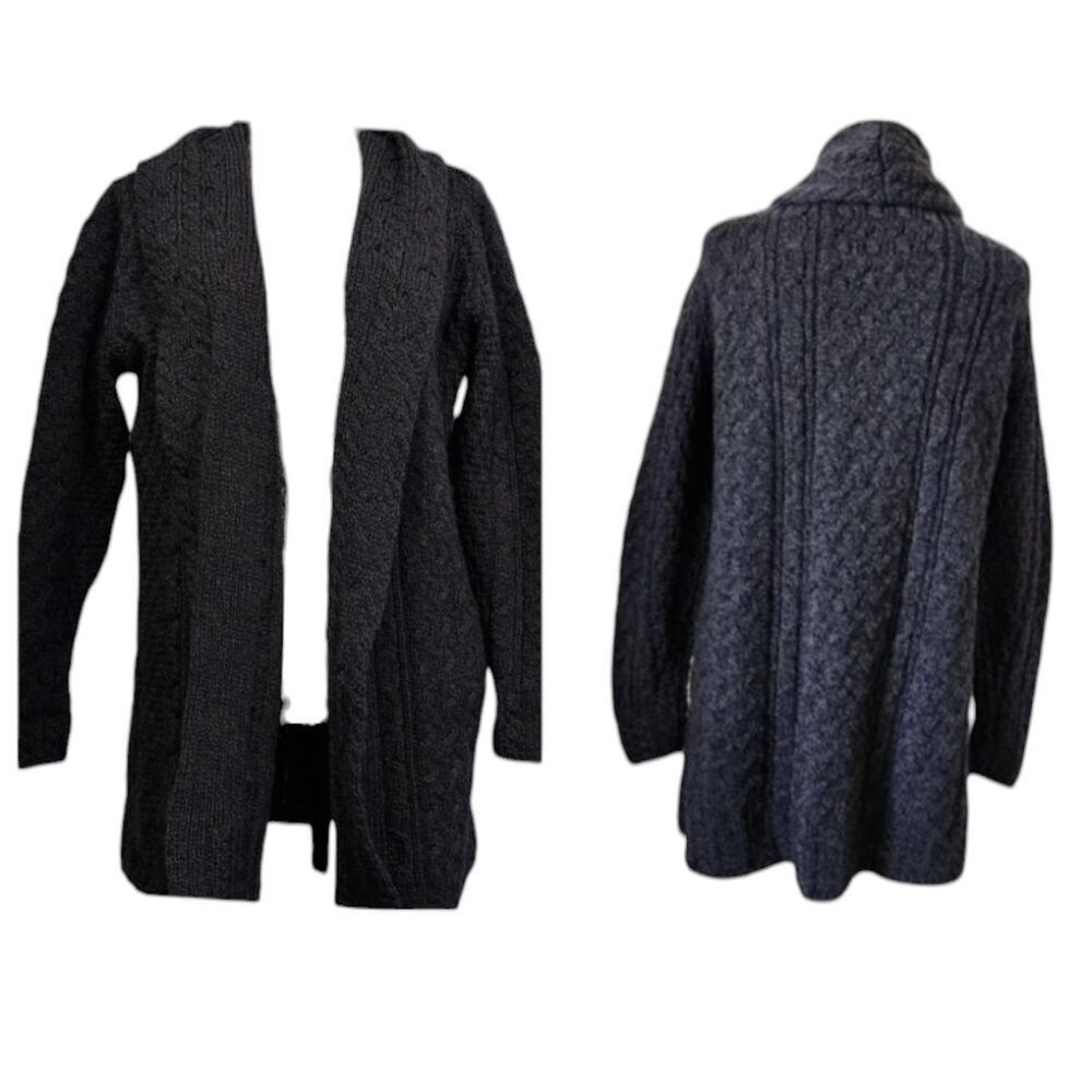 Shannon Woolen Mills Irish Cable Knit Dark Blue Cardigan Sweater Merino Wool L